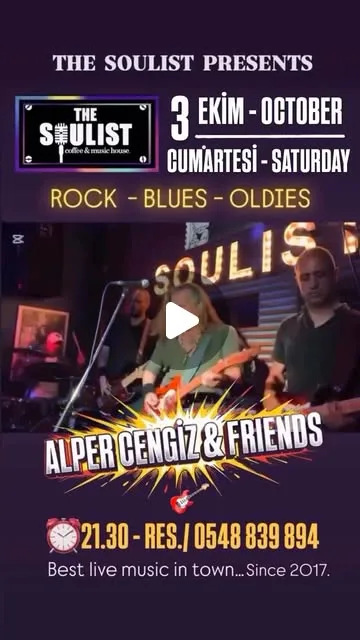 Alper Cengiz & Friends poster for Saturday 3 October at The Soulist: rock, blues, oldies, 21:30, band on stage in front of the Soulist sign