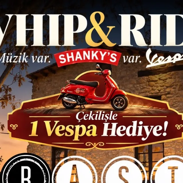 Whip & Ride poster at Avlu Nicosia: a red Vespa scooter on a stone courtyard with the text Müzik var, Shanky's var, Vespa var and Çekilişle 1 Vespa Hediye
