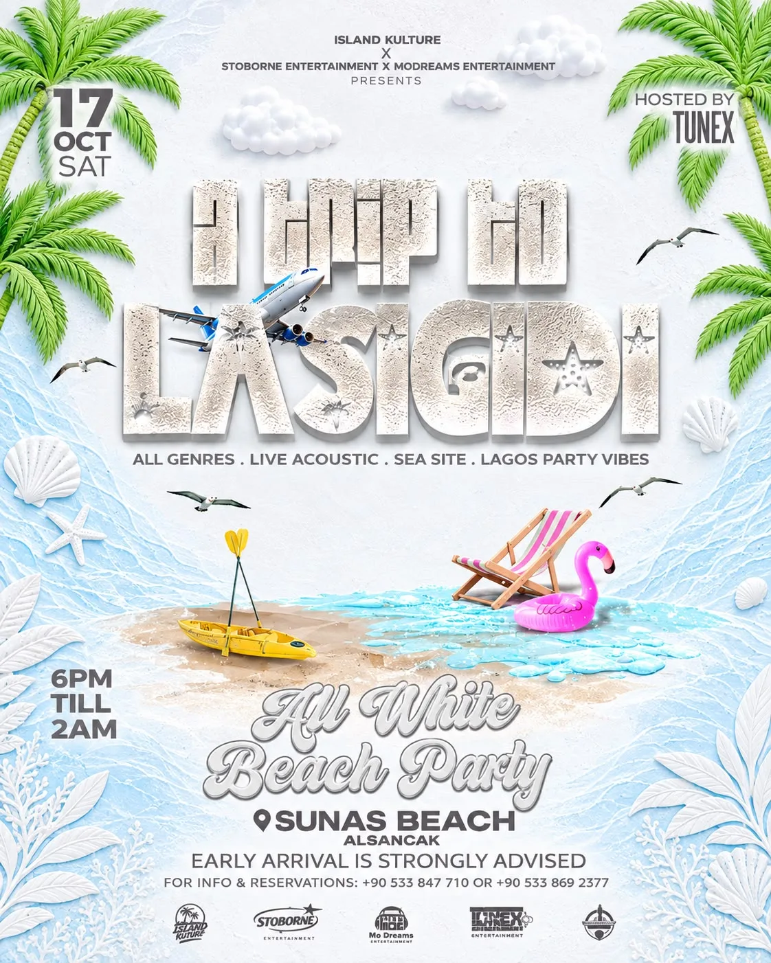 A Trip To Lasgidi All White Beach Party poster: 17 Oct, 6pm till 2am, Sunas Beach Alsancak, hosted by Tunex, with palm trees and a beach scene