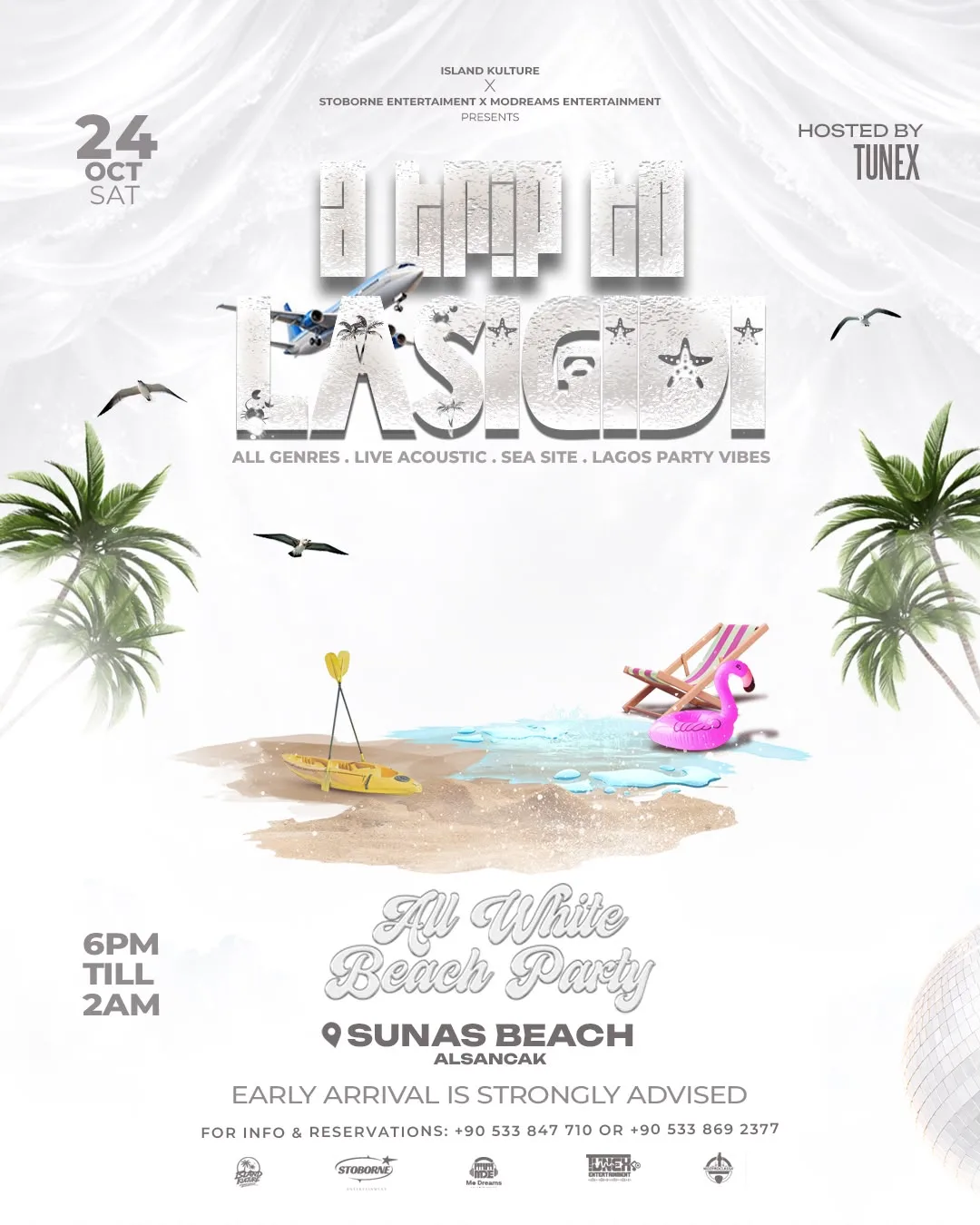 A Trip To Lasgidi All-White Beach Party poster — rescheduled to 24 October at Suna's Beach Club