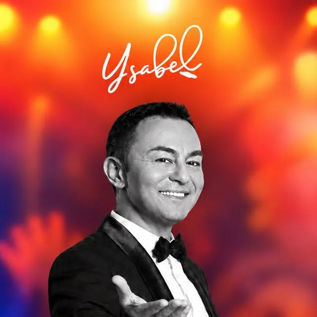 Serdar Ortaç concert poster for YSABEL: black-and-white portrait of the singer in a tuxedo against orange stage lights, with the Ysabel logo