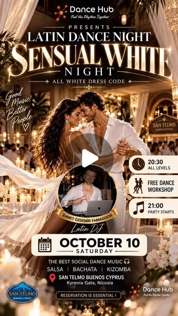 Sensual White Night poster: a couple in white dancing by candlelight at San Telmo, with DJ Ahmet Özdemir inset, workshop 20:30 and party 21:00