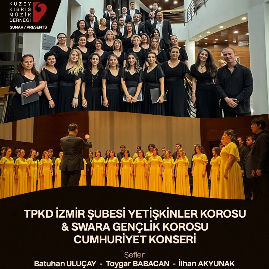 Republic Concert poster: TPKD İzmir adult choir on a staircase and Swara Youth Choir in yellow gowns on stage, with conductors Batuhan Uluçay, Toygar Babacan and İlhan Akyunak