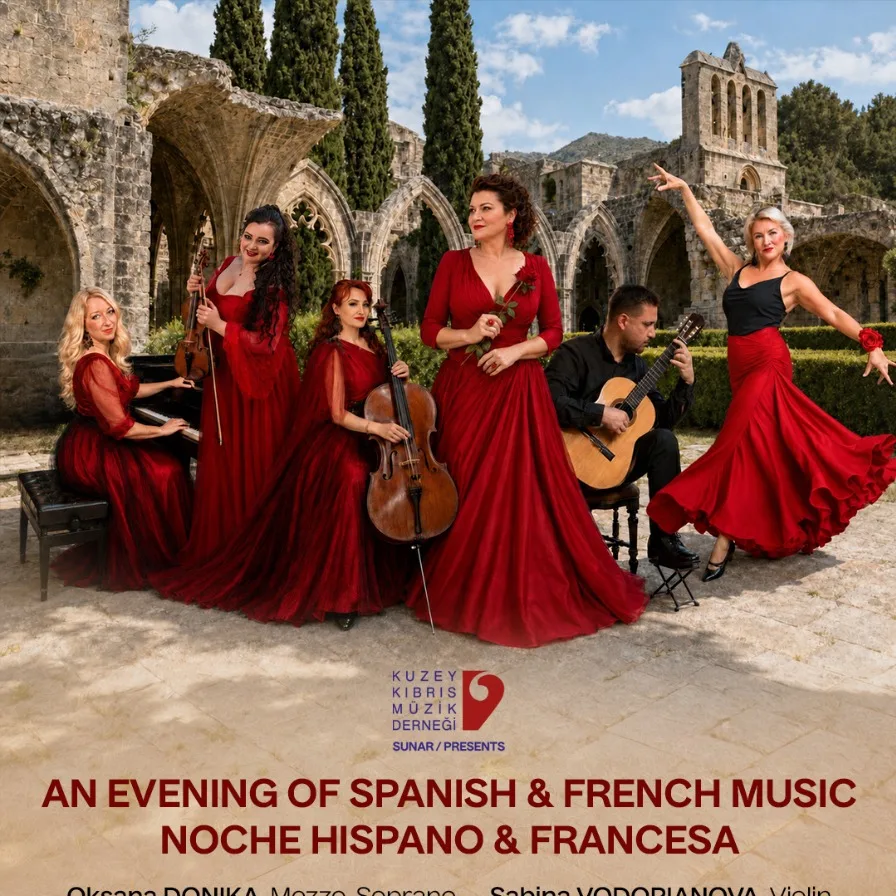 Spanish & French Music poster: six performers in red and black with piano, violin, cello, guitar and flamenco dancer in the Bellapais Abbey courtyard