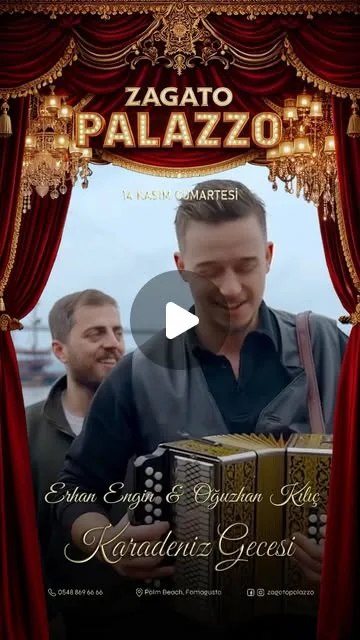 Karadeniz Gecesi poster for Zagato Palazzo: Erhan Engin and Oğuzhan Kılıç with an accordion under red stage curtains, 14 Kasım Cumartesi, Palm Beach Famagusta