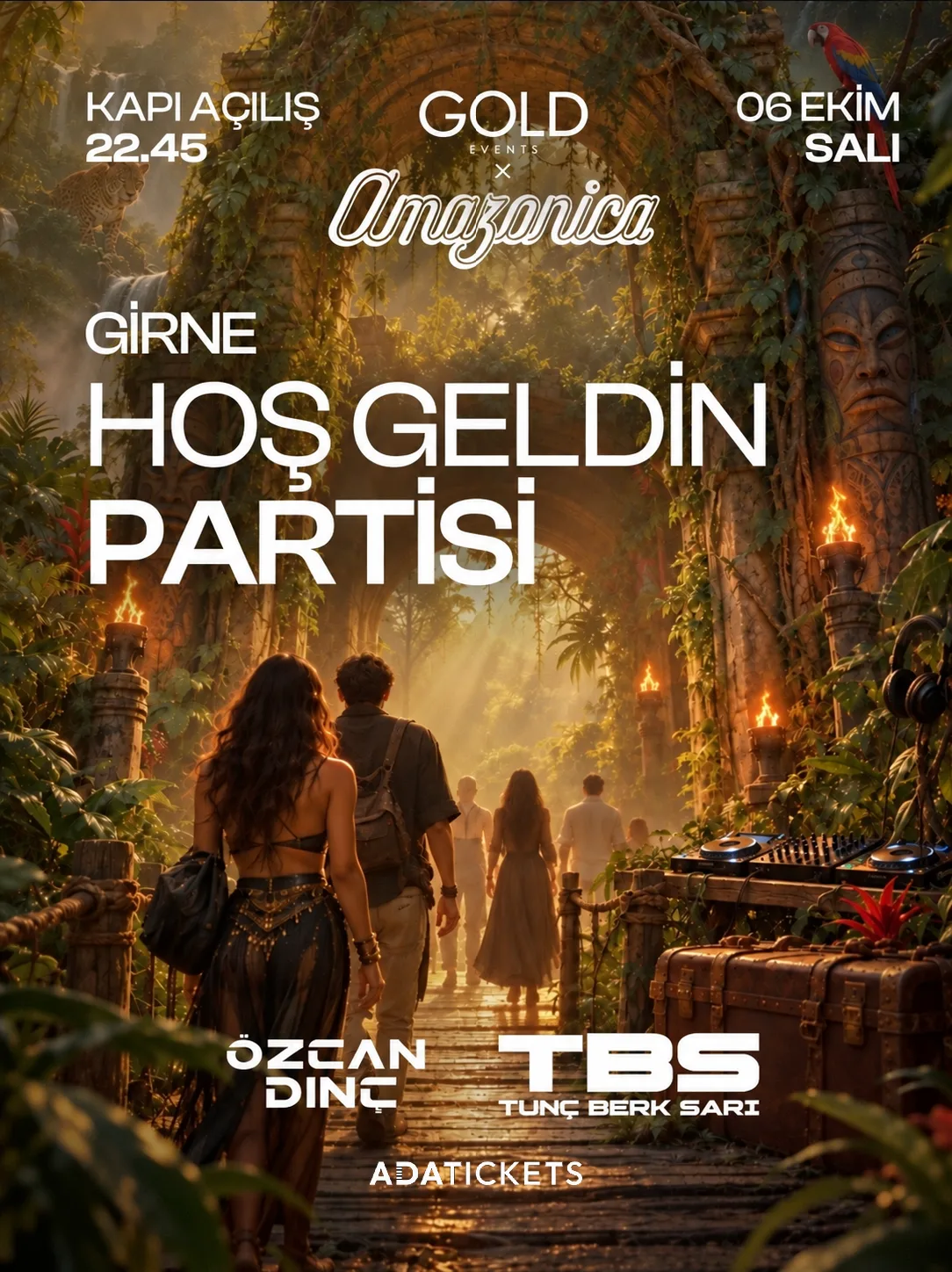 Gold Events × Amazonica poster: Girne Hoş Geldin Partisi over a torch-lit jungle walkway with stone carvings and a DJ deck, doors 22.45, 06 Ekim Salı, Özcan Dinç and TBS