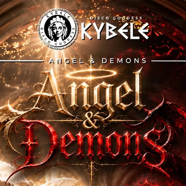 Poster: Angel & Demons at Kybele Disco Goddess — golden angel wing and fiery demon wing split around the title