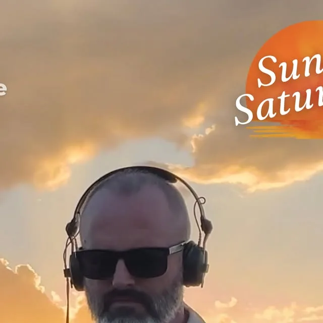 Poster: DJ Tain in headphones and sunglasses against a glowing sunset sky, Sun Saturday at The Edge