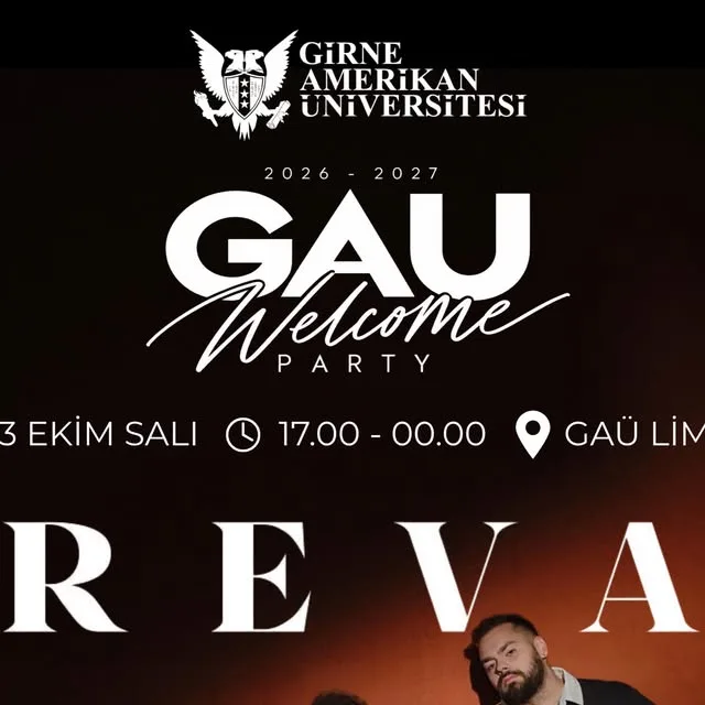 GAÜ Welcome Party 2026–2027 poster with the Girne Amerikan Üniversitesi crest: 13 Ekim Salı, 17.00–00.00, REVA in large letters above a band member