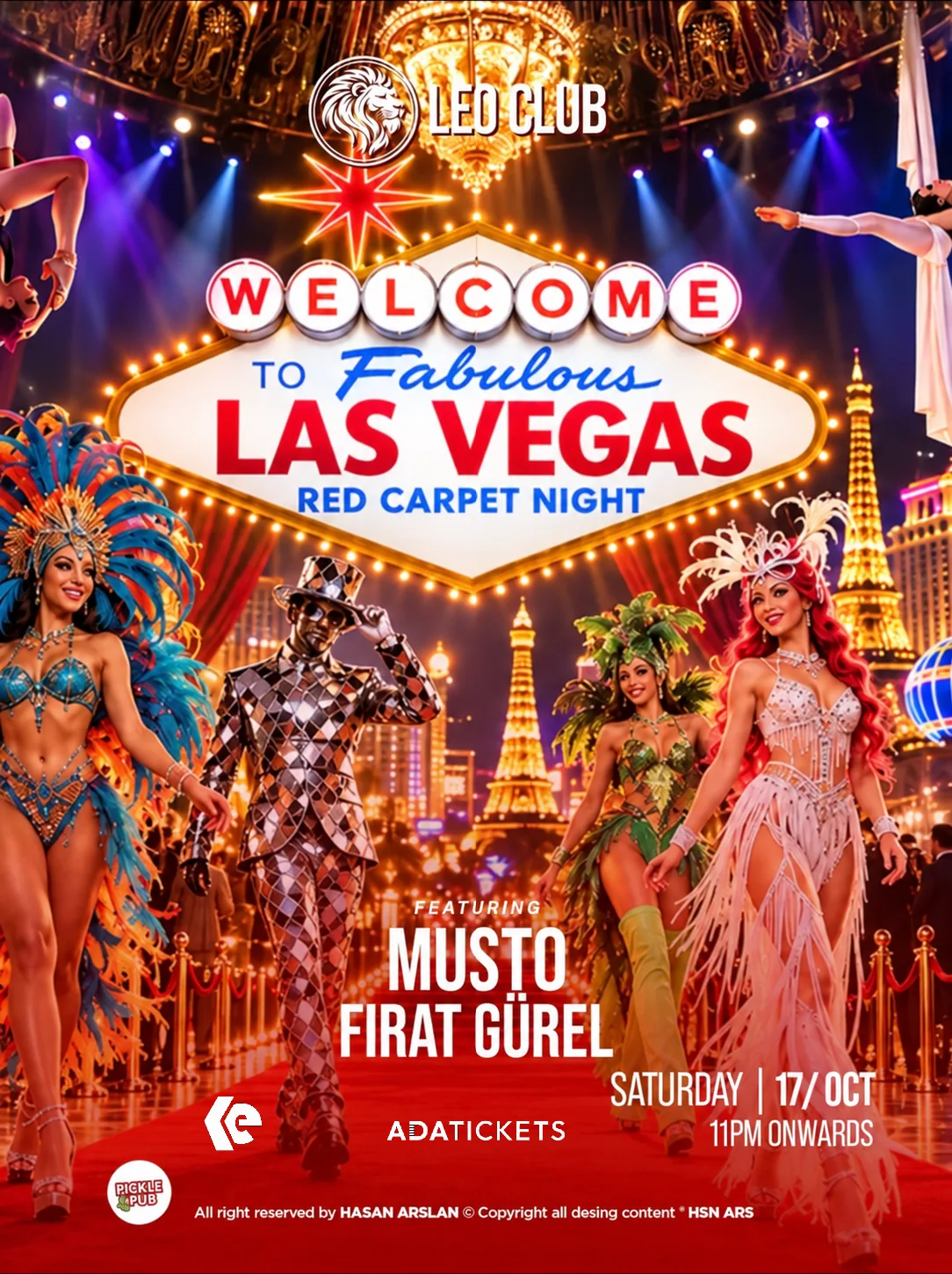 Leo Club poster: Welcome to Fabulous Las Vegas Red Carpet Night sign over a red carpet with showgirls in feathered costumes and a mirror-suited performer; featuring Musto and Fırat Gürel, Saturday 17 Oct, 11pm onwards, AdaTickets
