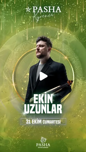 Pasha Kyrenia poster: Ekin Uzunlar in a black jacket holding a kemençe against a green and gold background, 31 Ekim Cumartesi