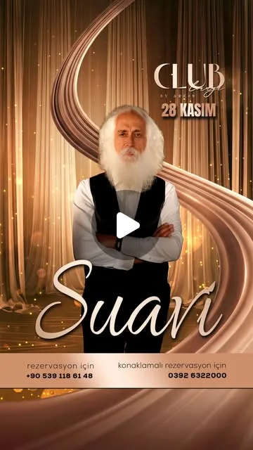 Club Lounge by Arkın poster: Suavi in front of gold curtains and a satin ribbon, 28 Kasım; reservations +90 539 118 61 48, stay bookings 0392 632 2000