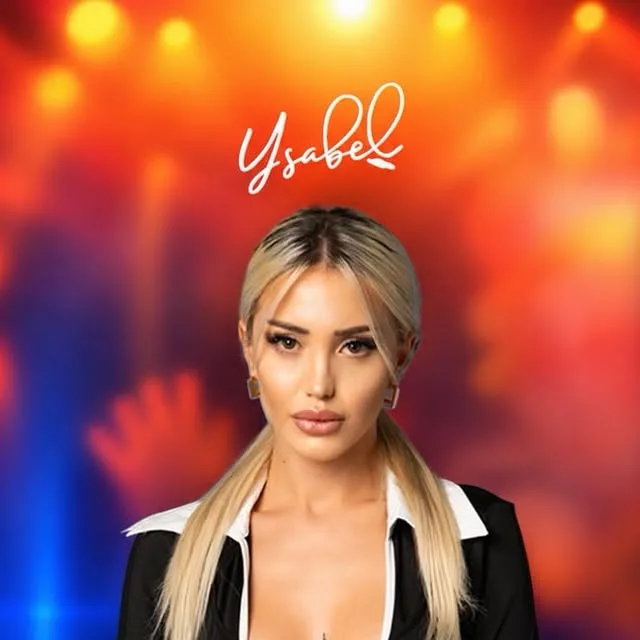 Ysabel poster: DJ Lorien, blonde with long pigtails in a black blazer over a white collar, against a blurred red-orange stage-light background with the Ysabel logo