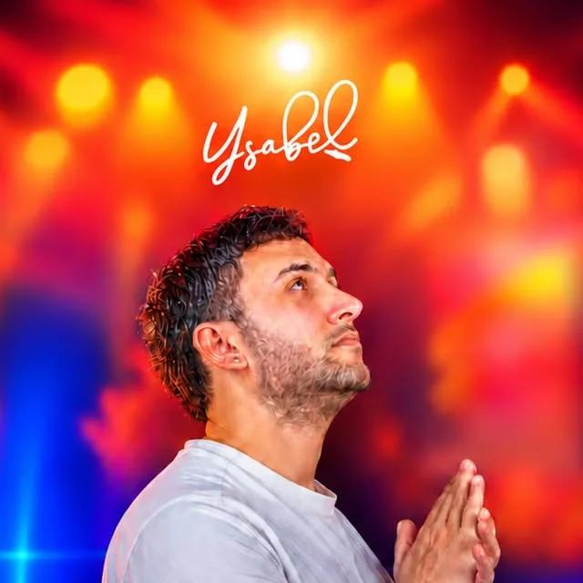 Ysabel poster: DJ Mert Erbay in profile in a white T-shirt, looking up with hands together, against red-orange stage lights with the Ysabel logo