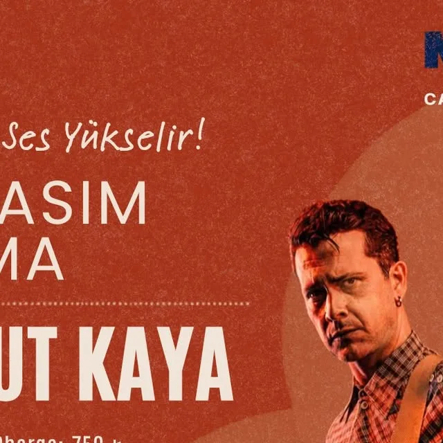 MOD Cafe poster: Umut Kaya with tousled red-brown hair and a plaid shirt with guitar strap, on a rust-red background; 13 Kasım Cuma, 'Ses Yükselir!', cover 750 TL