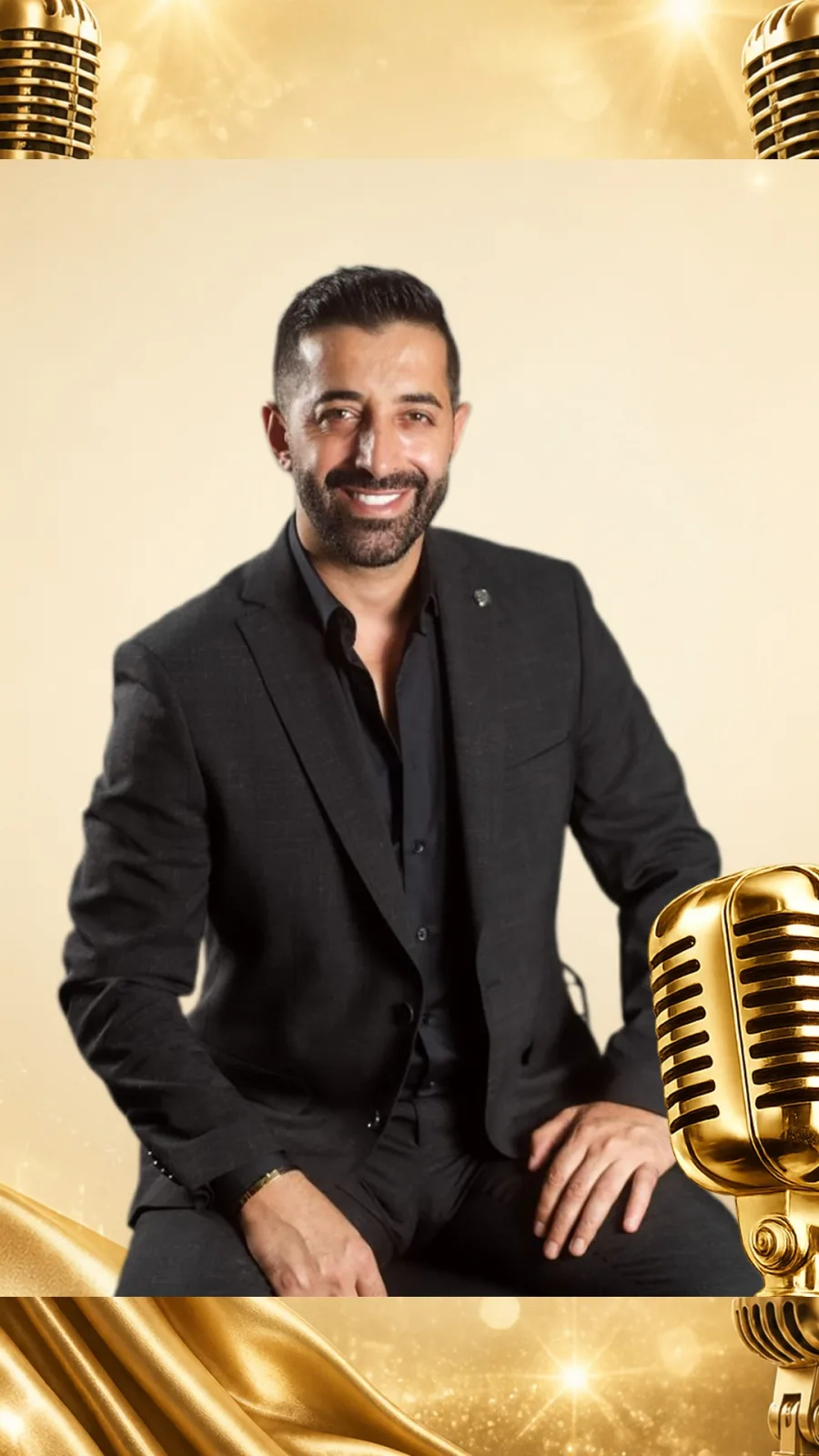 Bomond Girne poster: Cihan Çobanoğlu, smiling with a trimmed beard, seated in a dark suit and black shirt against a gold background with vintage gold microphones