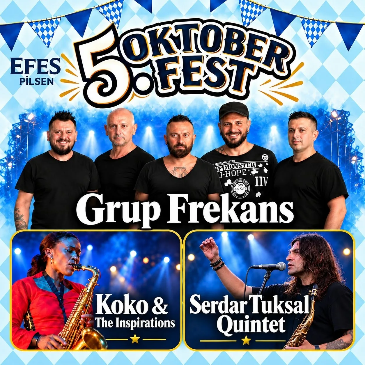 Efes Pilsen 5. Oktoberfest poster: Grup Frekans, Koko & The Inspirations and Serdar Tuksal Quintet on a blue-and-white Bavarian background