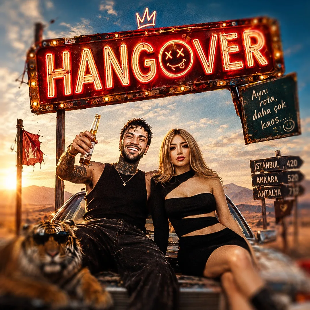 Hangover poster: neon 'HANGOVER' road sign in a desert at sunset; a tattooed man raising a beer and a blonde woman in black sit on a car bonnet beside a tiger; signs read 'Aynı rota, daha çok kaos'