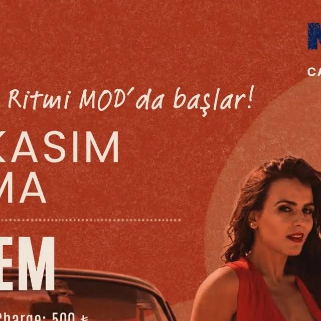 MOD Cafe poster: Eylem with dark wavy hair and red lipstick in a red dress beside a vintage car, on a rust-red background; 'Ritmi MOD'da başlar!', 20 Kasım Cuma, cover 500 TL
