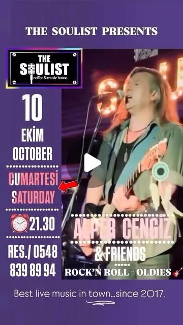 The Soulist poster: Alper Cengiz singing with an electric guitar under the lit Soulist sign; Alper Cengiz & Friends, Rock'n Roll – Oldies, 10 Ekim/October Cumartesi/Saturday 21.30, res. 0548 839 89 94