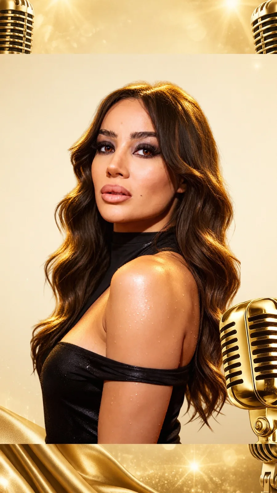 Bomond Girne poster: Yağmur Ok with long wavy brown hair in a black off-shoulder top, against a gold background with vintage gold microphones