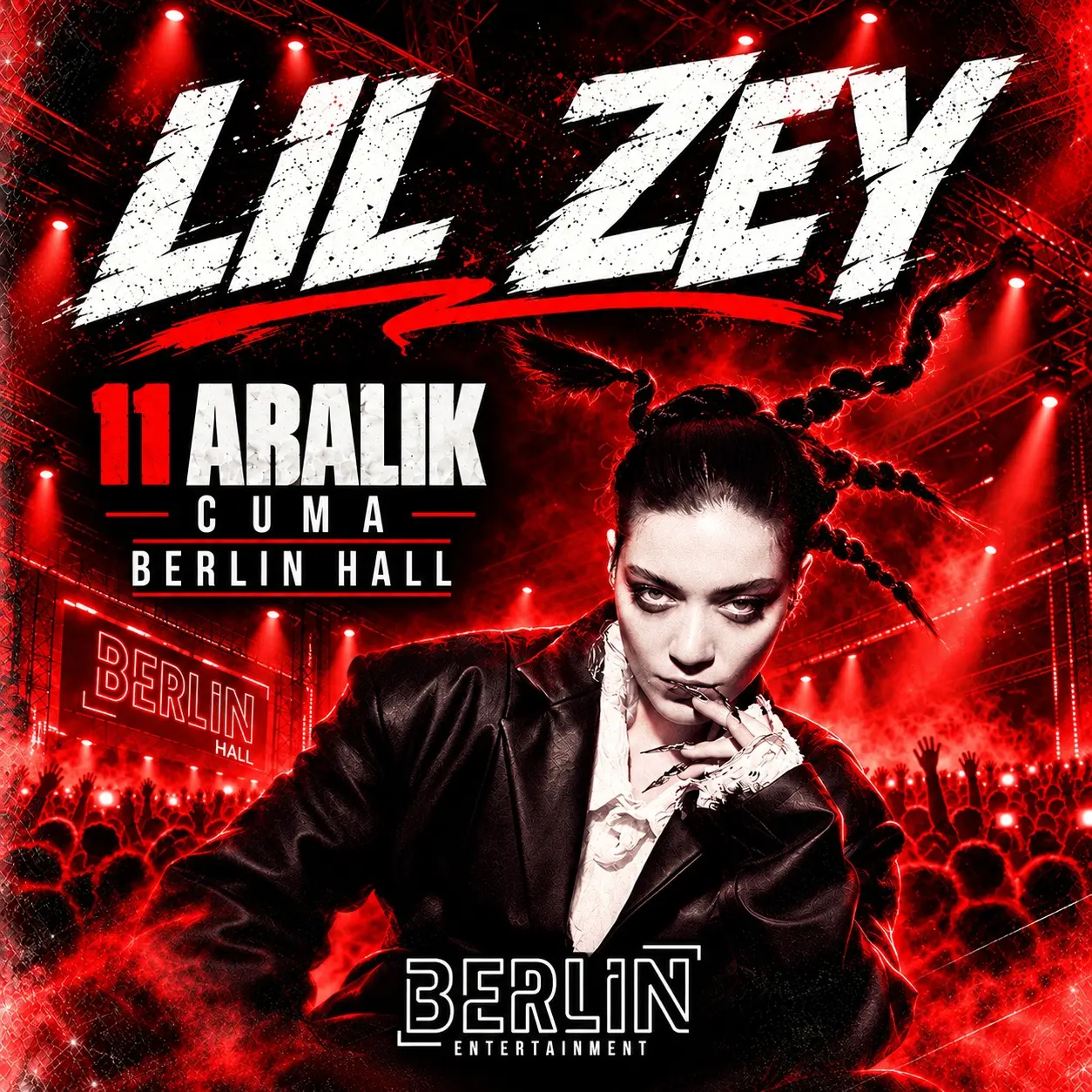 Berlin Hall poster: Lil Zey with braided hair in a black leather jacket under red stage lights; 11 Aralık Cuma, Berlin Hall