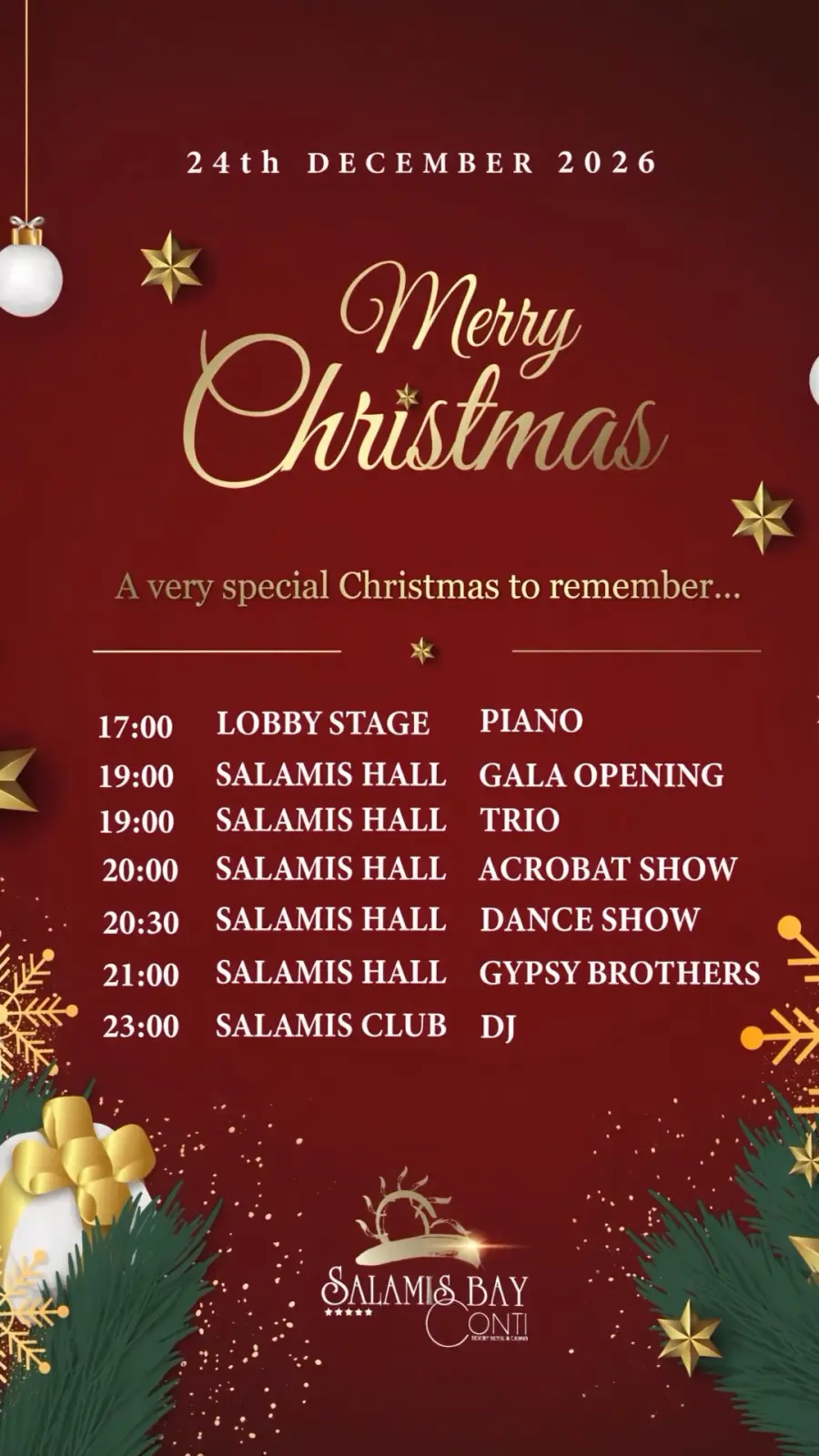 Salamis Bay Conti Christmas programme poster, 24 December 2026, red with gold 'Merry Christmas': 17:00 lobby piano, 19:00 gala opening and trio, 20:00 acrobats, 20:30 dance show, 21:00 Gypsy Brothers, 23:00 DJ