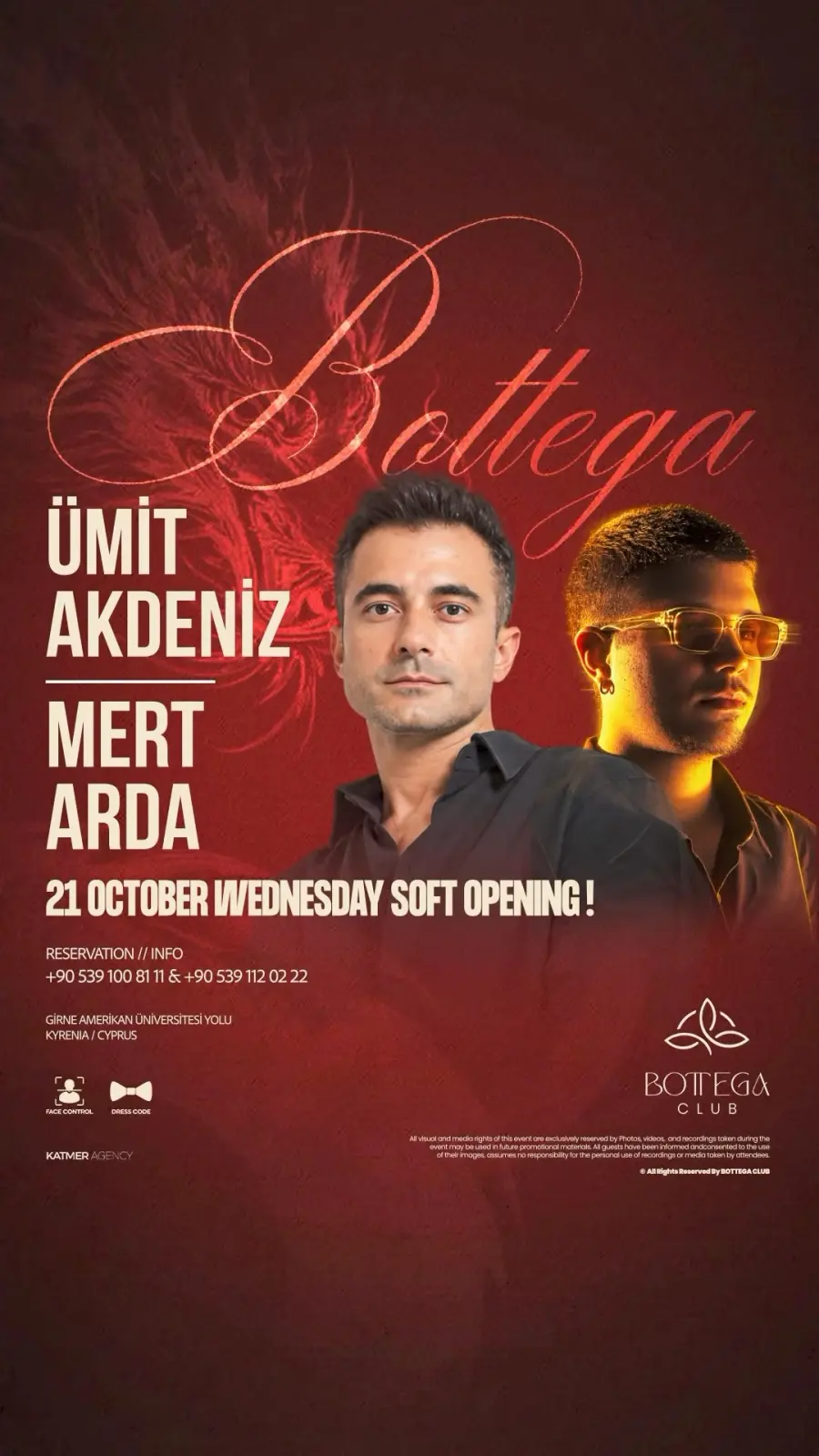 Bottega Club poster on a red background: Ümit Akdeniz and Mert Arda in sunglasses; 21 October Wednesday Soft Opening; reservations +90 539 100 81 11 / +90 539 112 02 22