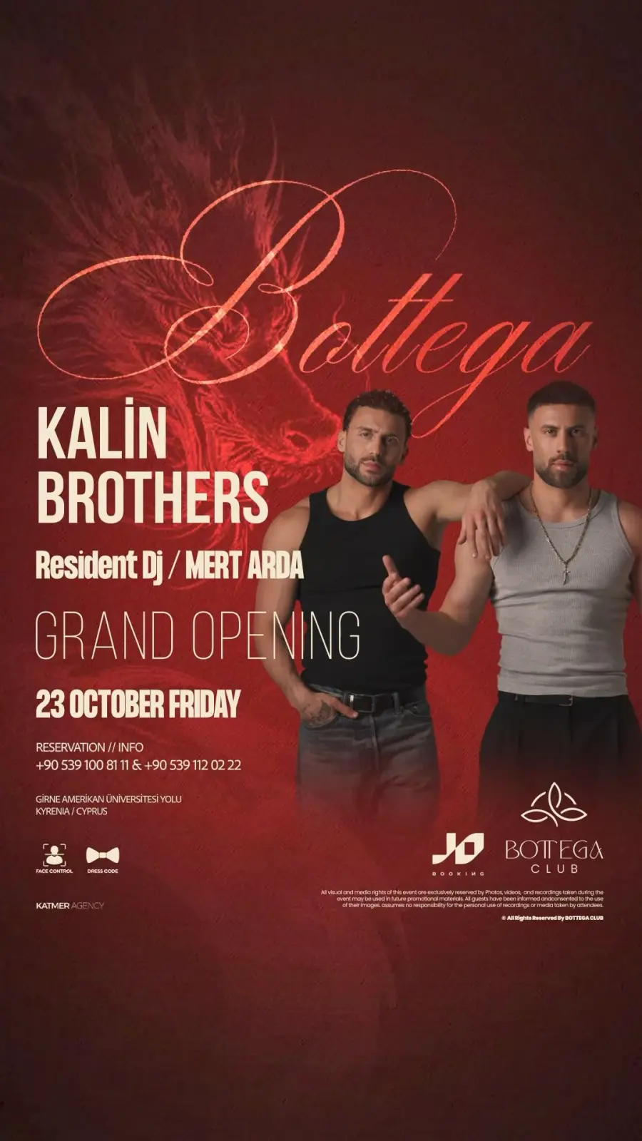 Bottega Club Grand Opening poster on a red background: the Kalin Brothers in tank tops; resident DJ Mert Arda; 23 October Friday; reservations +90 539 100 81 11 / +90 539 112 02 22