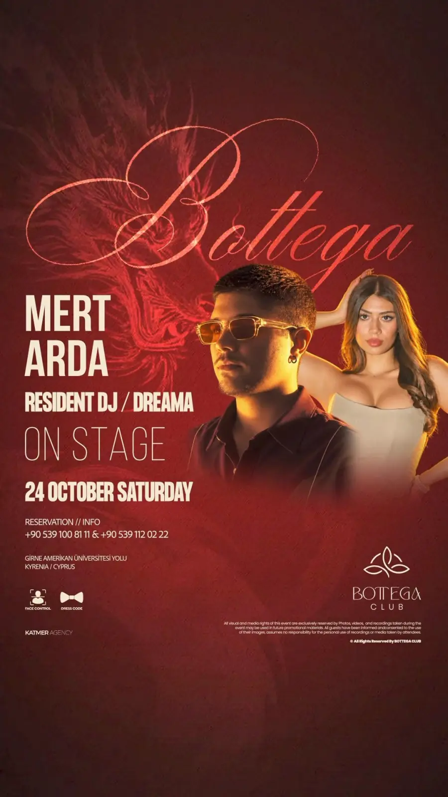 Bottega Club poster on a red background: Mert Arda in sunglasses and resident DJ Dreama; 24 October Saturday, On Stage; reservations +90 539 100 81 11 / +90 539 112 02 22