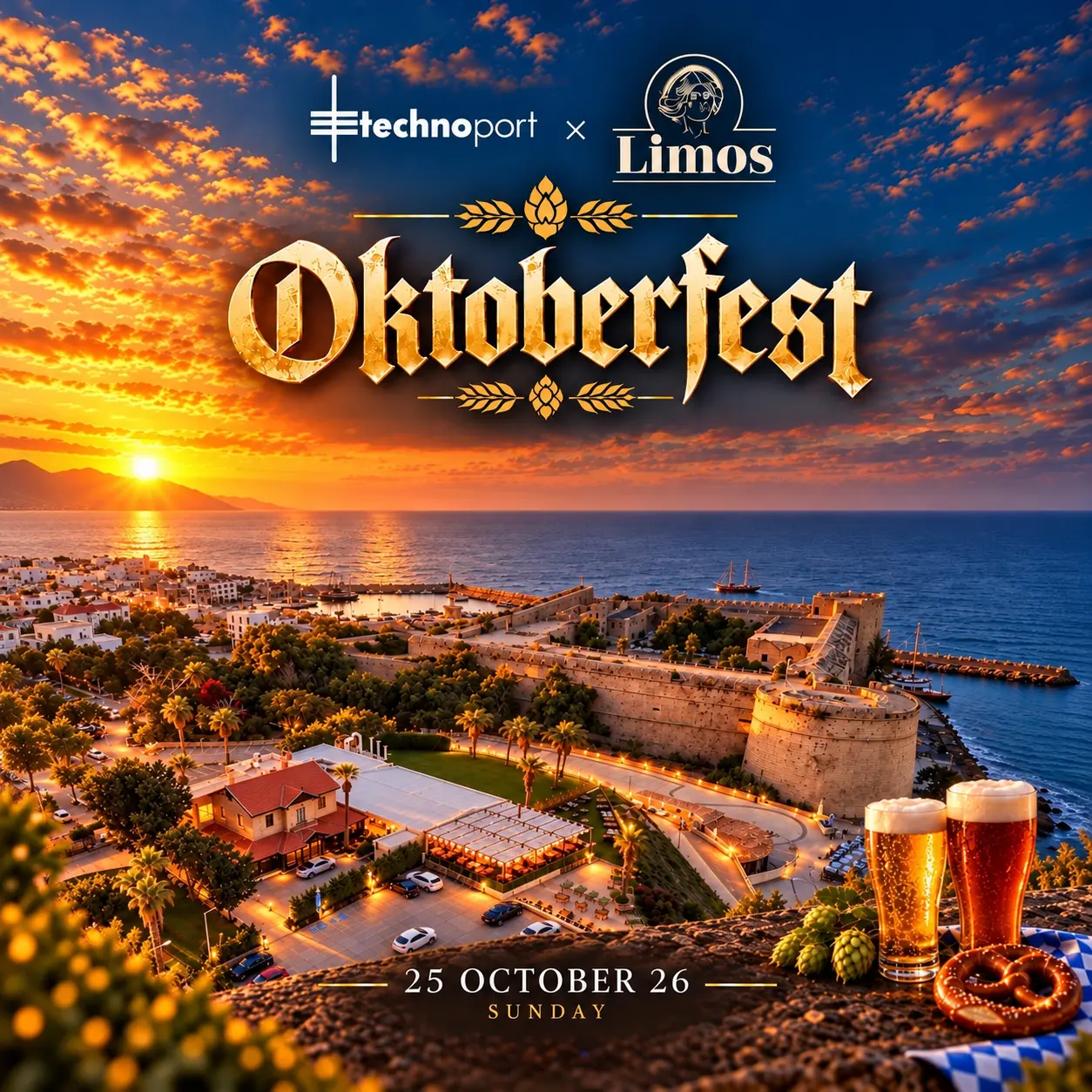 Technoport × Limos Oktoberfest poster: gold gothic 'Oktoberfest' over a sunset view of Kyrenia harbour and castle, with beer glasses and a pretzel; 25 October 26, Sunday