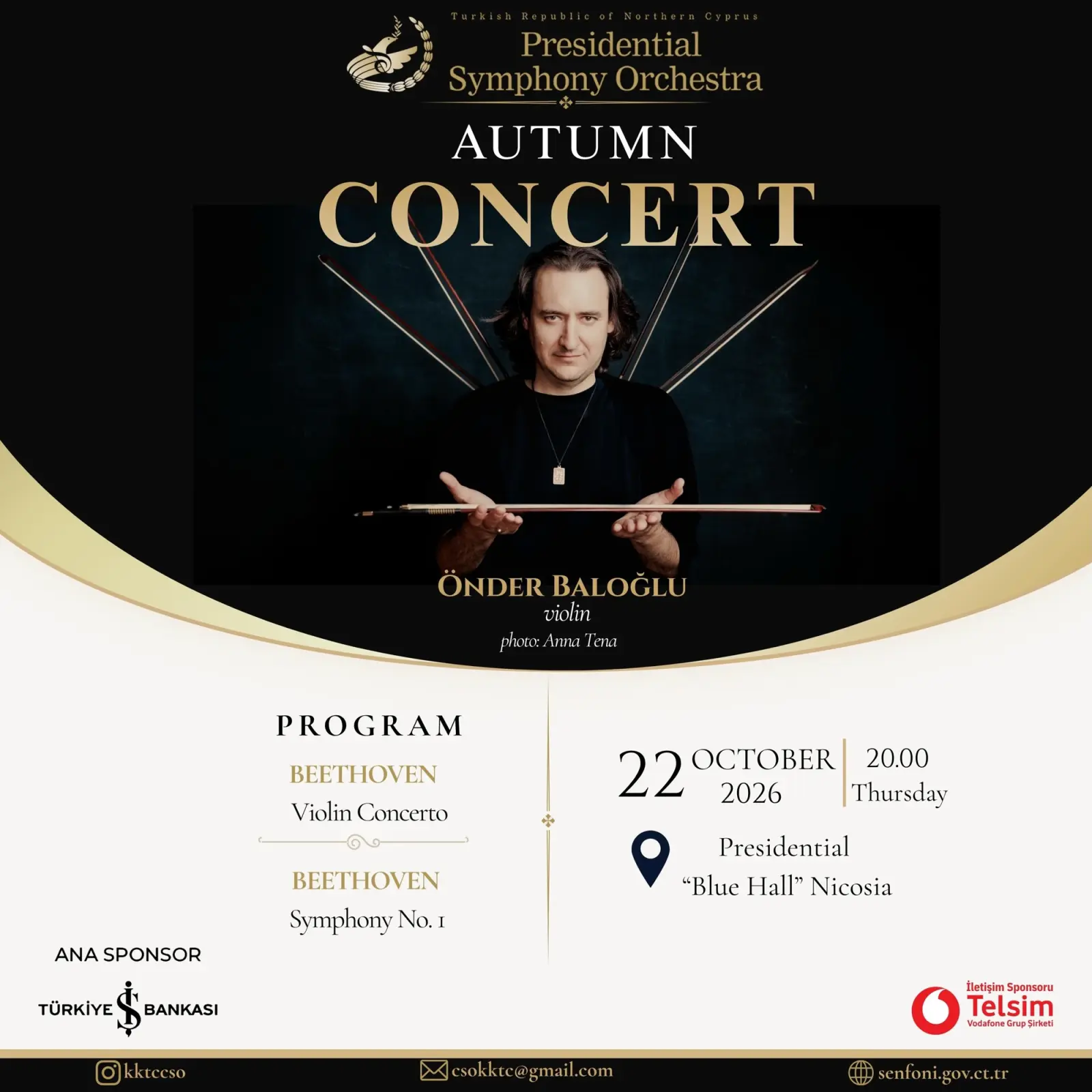 Presidential Symphony Orchestra Autumn Concert poster: violinist Önder Baloğlu; 22 October 2026, Thursday, 20:00, Presidential Mavi Salon; programme listed