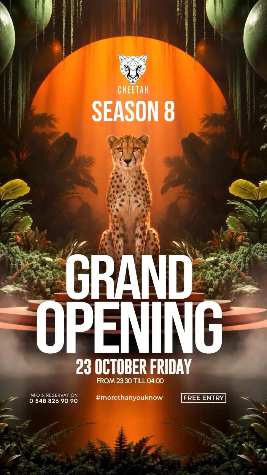 Cheetah Club Season 8 Grand Opening poster: a cheetah on a pedestal under an orange glow; 23 October Friday; free entry