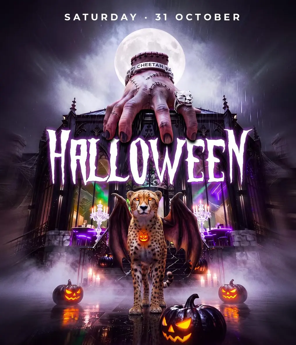 Cheetah Club Halloween poster: a cheetah and a hooded skeletal figure before a gothic mansion with pumpkins; Saturday 31 October