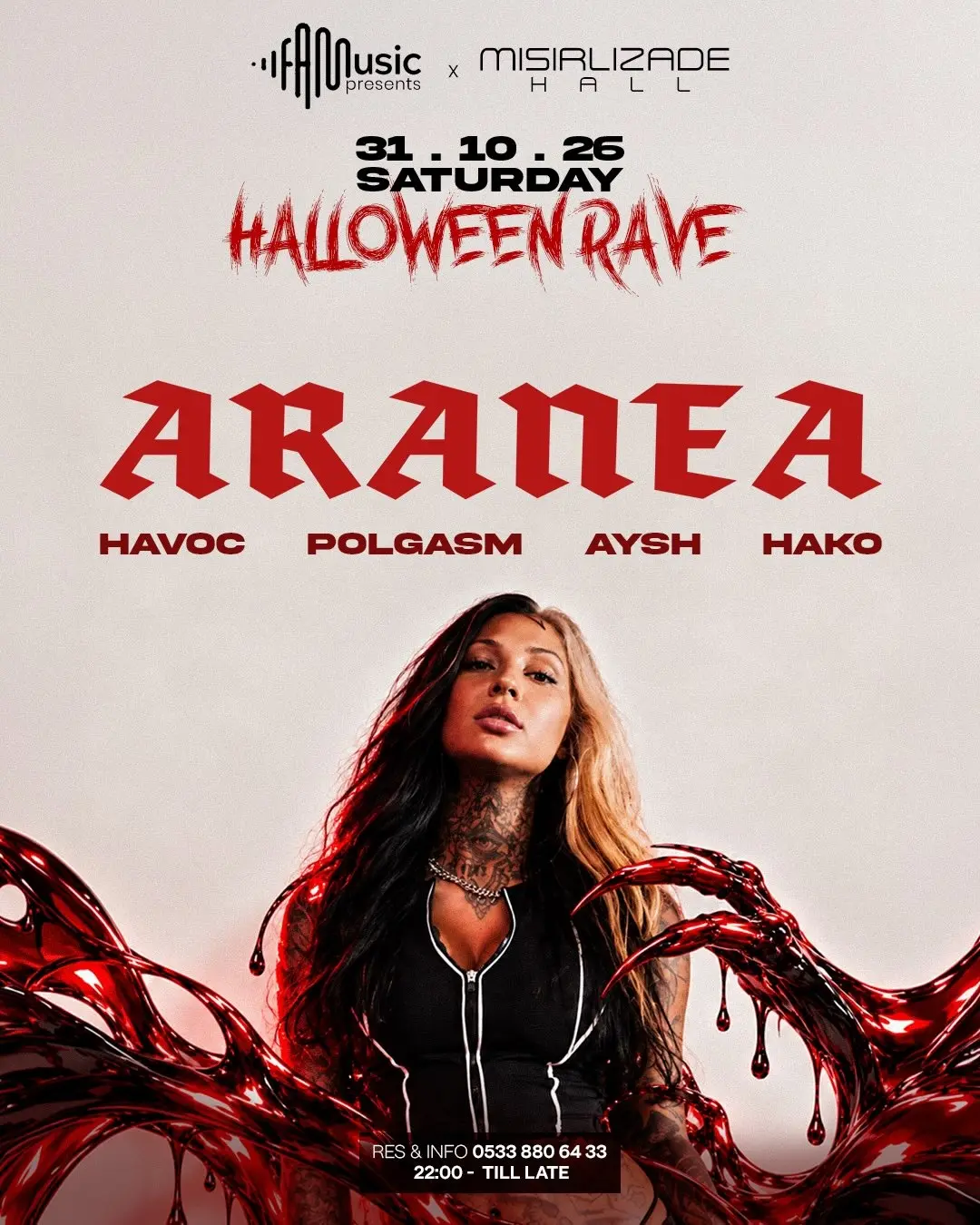 Famusic × Mısırlızade Hall Halloween Rave poster: ARANEA with HAVOC, POLGASM, AYSH, HAKO; 31.10.26 Saturday