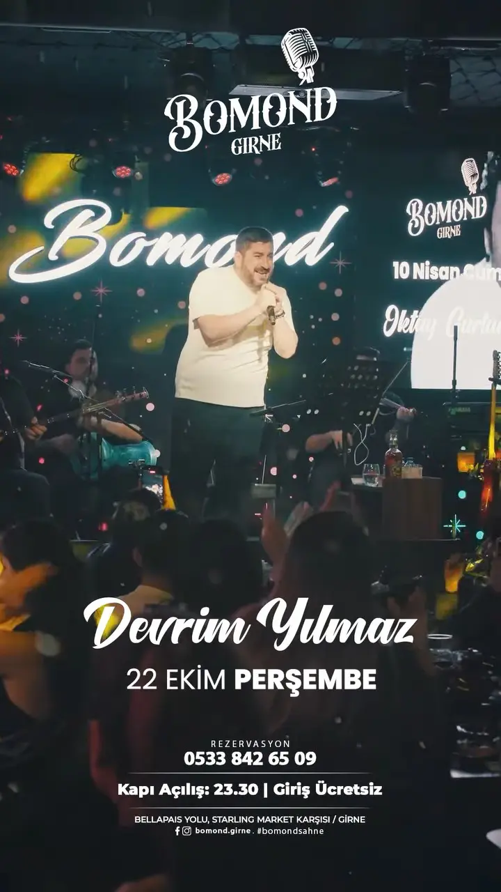 Bomond Girne poster: Devrim Yılmaz in a white T-shirt singing on stage with his band; 22 Ekim Perşembe, doors 23:30, free entry