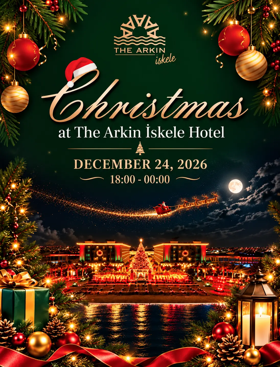 Christmas at The Arkın İskele Hotel poster: gold 'Christmas' script over the illuminated hotel and Christmas tree at night, with ornaments; December 24, 2026, 18:00–00:00