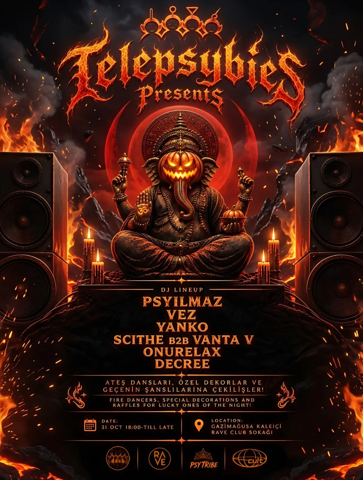 Telepsybies Halloween poster: a pumpkin-headed Ganesha statue between speakers and flames; DJs Psyilmaz, Vez, Yanko, Scithe b2b Vanta V, Onurelax, Decree; 31 Oct 18:00 till late, Rave Club