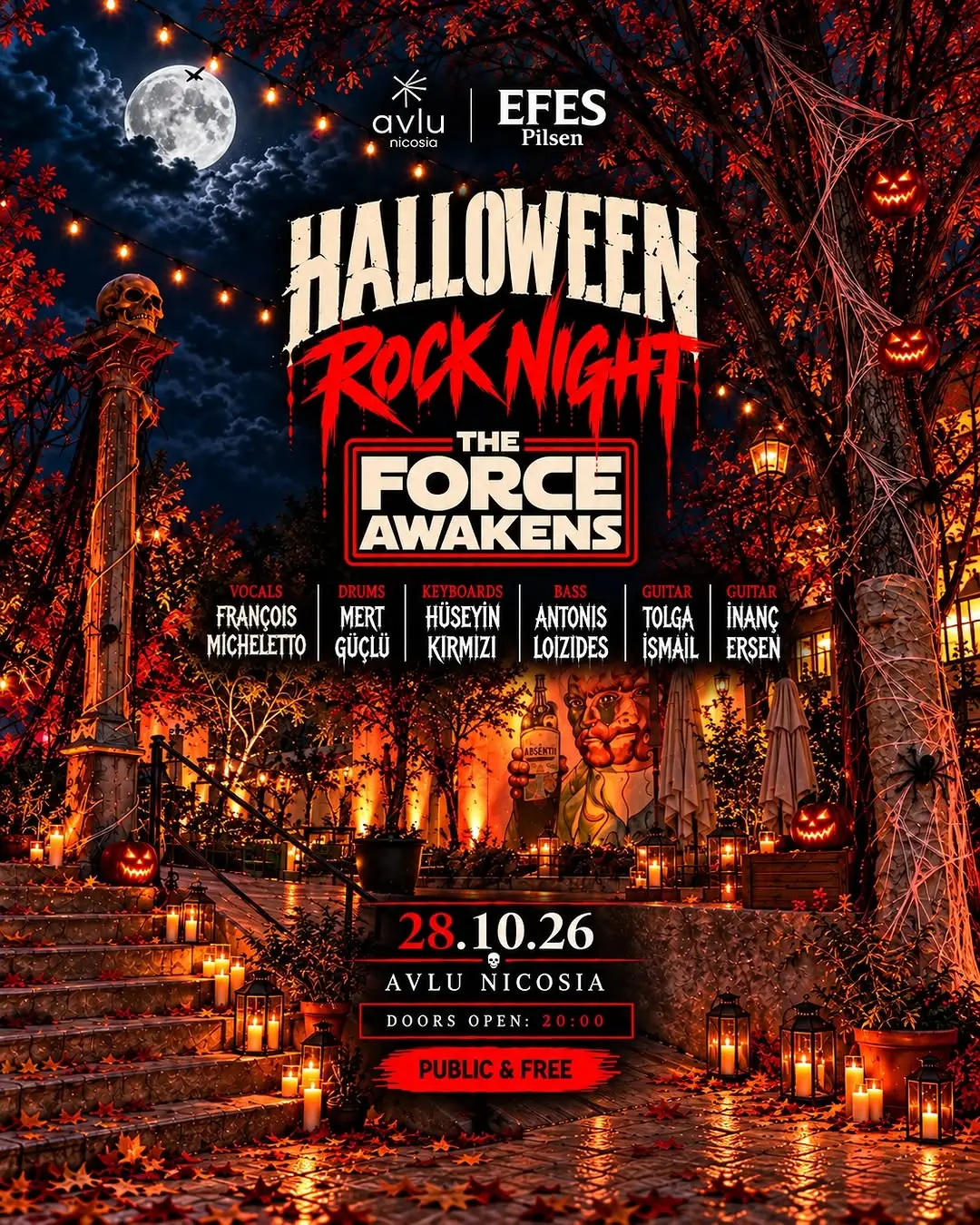 Avlu Nicosia × Efes Pilsen Halloween Rock Night poster: The Force Awakens over a candle-lit courtyard with pumpkins and a full moon; band lineup; 28.10.26, doors 20:00, public & free