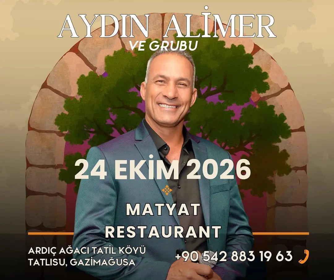 Aydın Alimer ve Grubu poster: smiling singer in a teal suit before a stone arch and tree; 24 Ekim 2026, Matyat Restaurant, Ardıç Ağacı Tatil Köyü, Tatlısu, Gazimağusa; +90 542 883 19 63