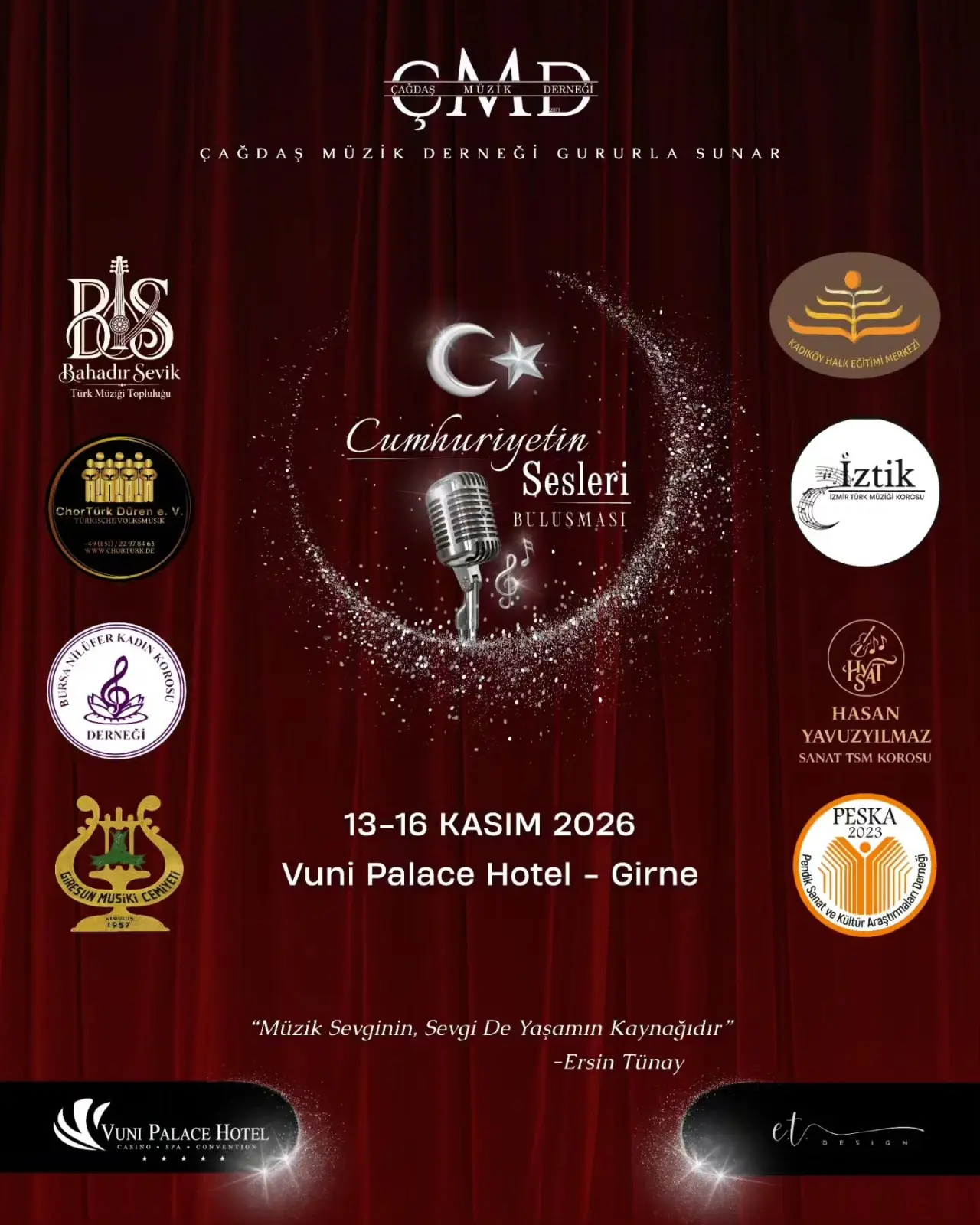 Çağdaş Müzik Derneği 'Cumhuriyetin Sesleri Buluşması' poster: microphone and crescent-and-star on dark red, ringed by participating choir logos; 13–16 Kasım 2026, Vuni Palace Hotel, Girne