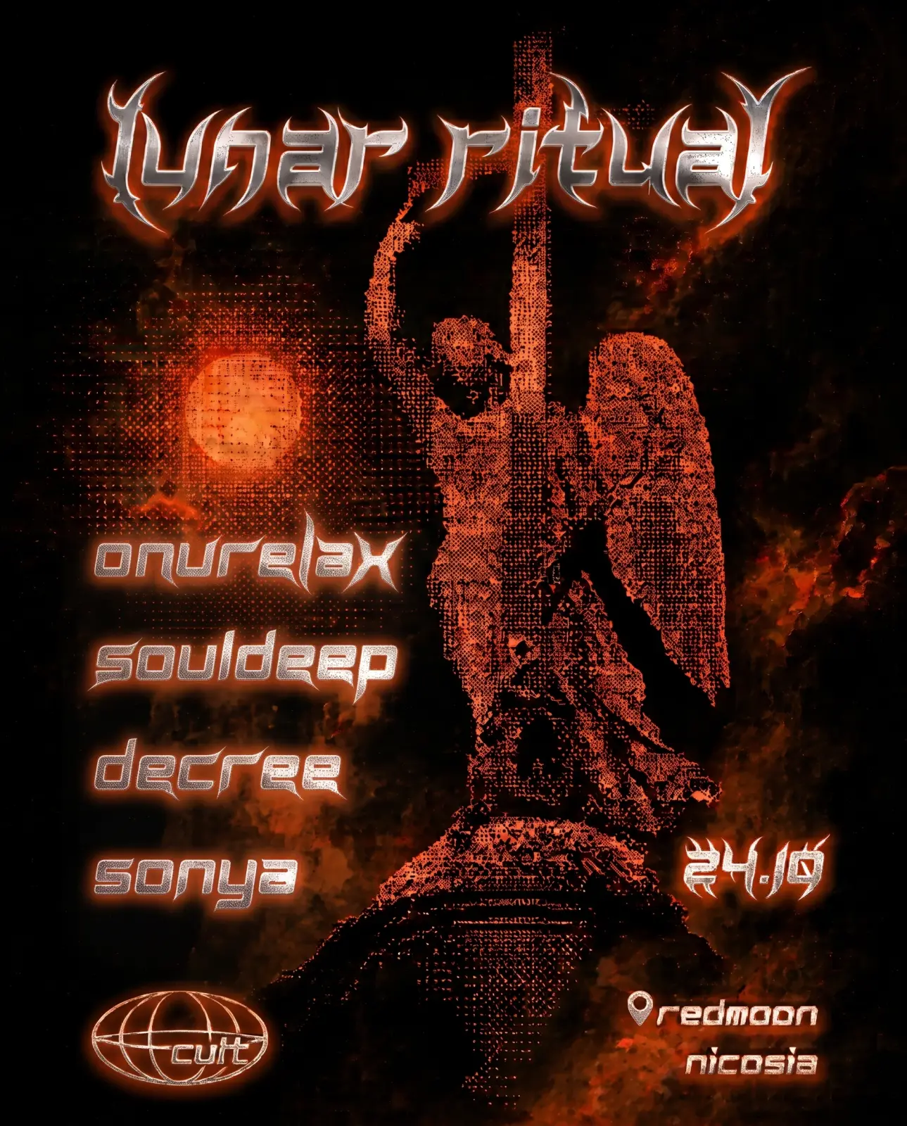 CULT 'Lunar Ritual' poster: an angel statue with a cross under a red moon in fiery red tones; Onurelax, Souldeep, Decree, Sonya; 24.10, Red Moon Nicosia