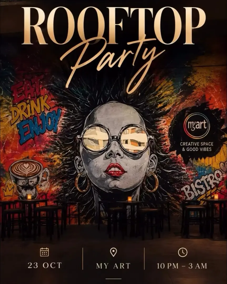 ROOFTOP Party poster: graffiti mural of a woman with big hair and mirrored sunglasses over a bar terrace; 23 Oct, My Art, 10 PM – 3 AM