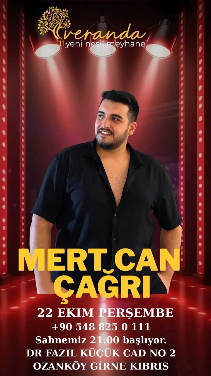Veranda111 poster: Mert Can Çağrı in a black shirt on a red-lit stage; 22 Ekim Perşembe, stage 21:00, +90 548 825 0 111, Ozanköy Girne