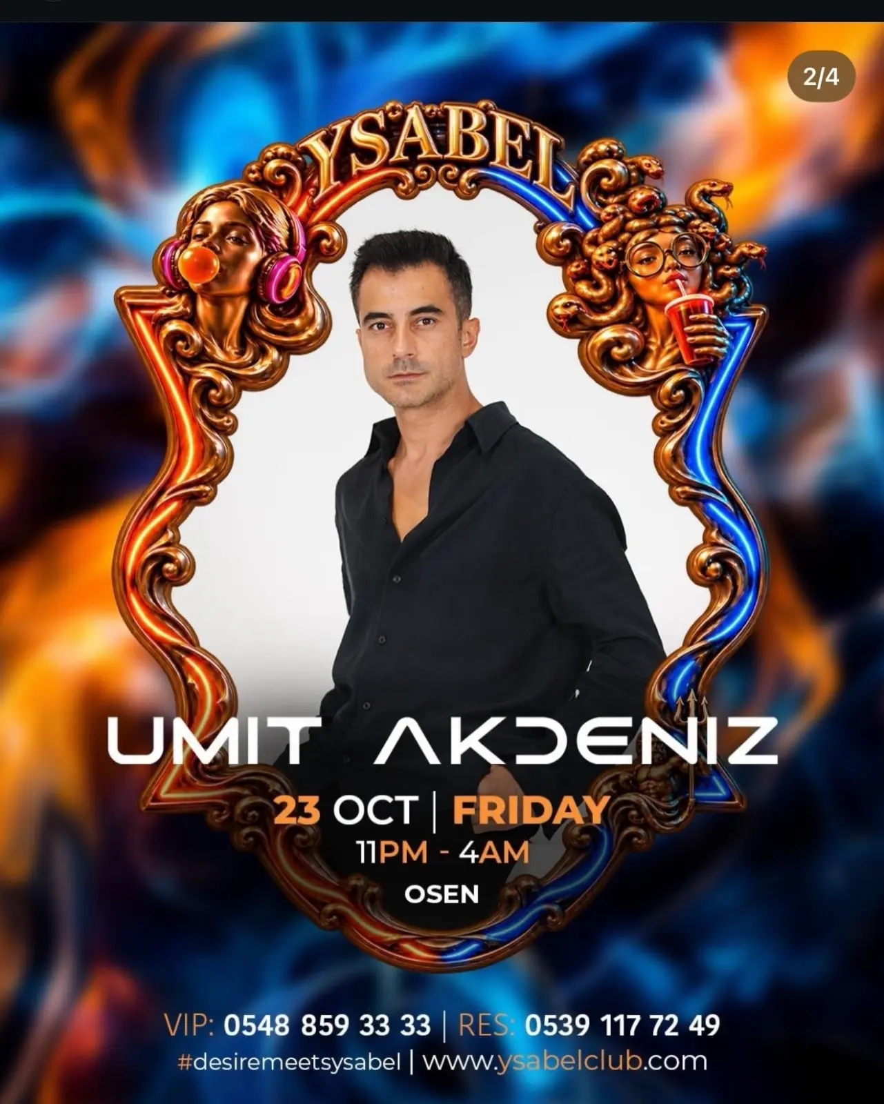 Ysabel Club poster: Ümit Akdeniz in a black shirt framed by an ornate gold mirror; Friday 23 October, 11PM–4AM, with OSEN, plus VIP and reservation numbers