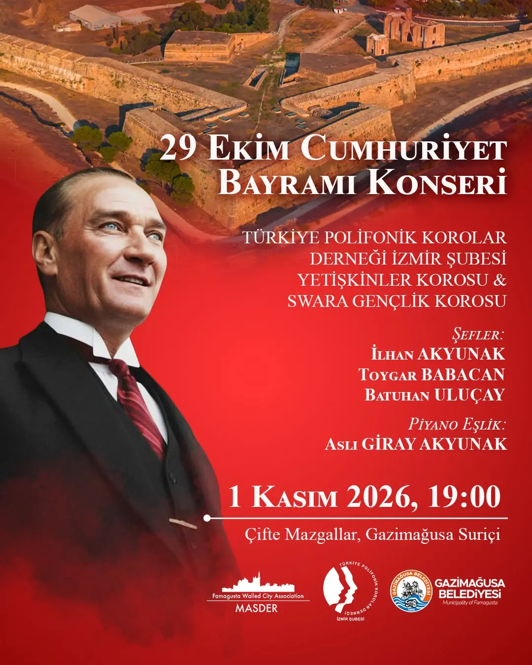 Republic Day concert poster: Atatürk portrait on red beside an aerial view of the Famagusta walls; TPKD İzmir and Swara choirs, conductors listed; 1 Kasım 2026, 19:00, Çifte Mazgallar, Gazimağusa Suriçi