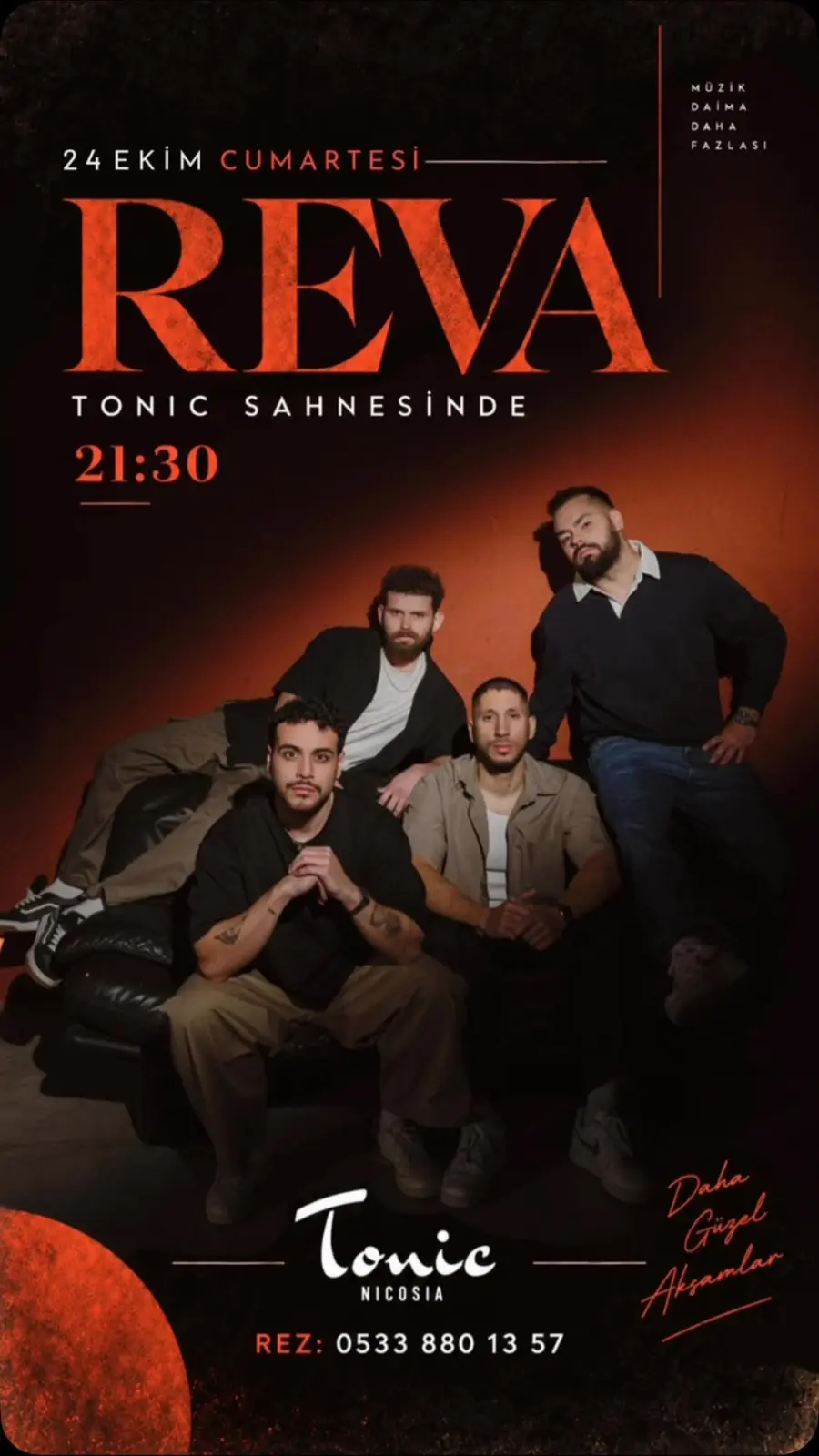 REVA poster: the four band members on a dark sofa under red lighting; 24 Ekim Cumartesi, 21:30, Tonic Sahnesinde; Tonic Nicosia; rez 0533 880 13 57