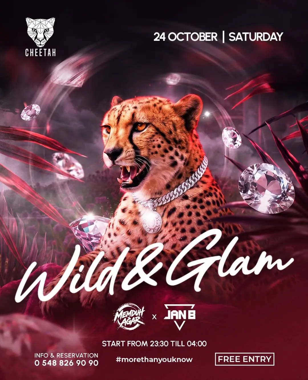 Cheetah Club 'Wild & Glam' poster: a cheetah wearing a diamond chain among floating gems on deep red; Memduh Ağar × Jan B; 24 October Saturday, 23:30 till 04:00; free entry; 0548 826 90 90