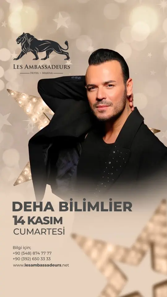 Les Ambassadeurs poster: Deha Bilimlier in a black jacket on a gold sparkle background; 14 Kasım Cumartesi; info +90 548 874 77 77, +90 392 650 33 33