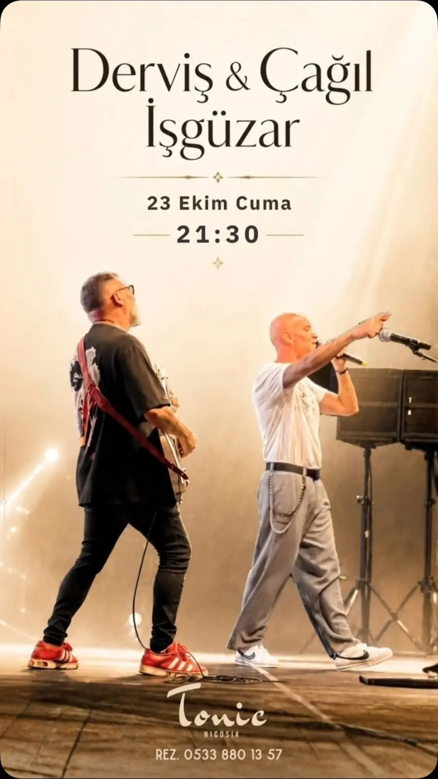 Tonic Nicosia poster: Derviş & Çağıl İşgüzar on stage, one with an electric guitar, one by a keyboard, under warm lights; Friday 23 October, 21:30, reservations 0533 880 13 57